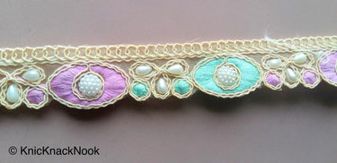 Gold Sheer Net Trim, Beige, Purple And Green / Pink Embroidery With FlatBack White Beads Embellishments